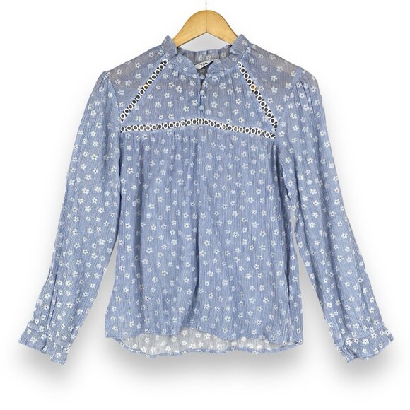 Zara Top Womens Small Blue Floral Blouse Ruffle Cuff Neck Blouse Cut‎ Out - Picture 1 of 11